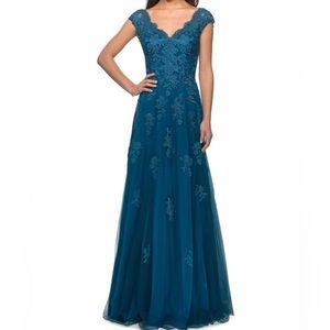 NEW LA FEMME Evening Mother of the Bride Teal A-Line Dress Women 6 Evening Gown.